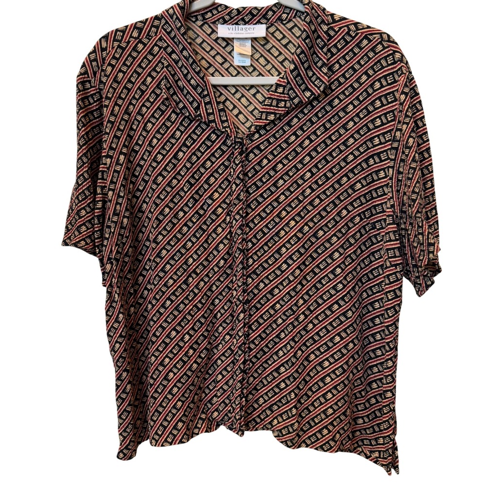 Vintage 90s Villager Liz Claiborne Rayon Geometric Tribal Button Down Shirt L
